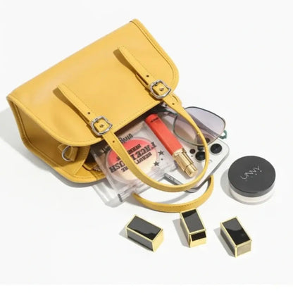 minimalist yellow leather handbag bag organised interior