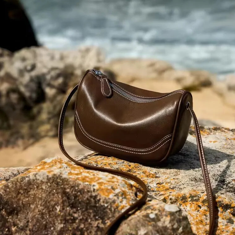 genuine leather mini bag with phone sleeve coffee