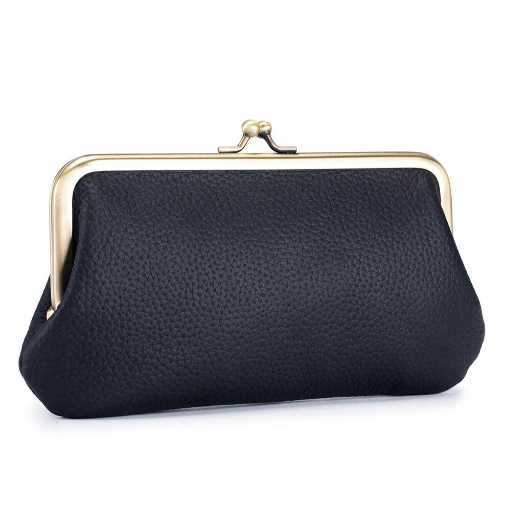 luxury retro kiss lock wallet black genuine leather