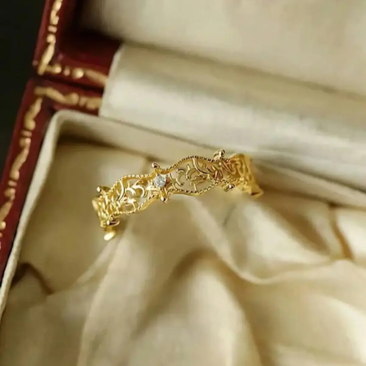 925 sterling silver vintage leaf ring with round zircon