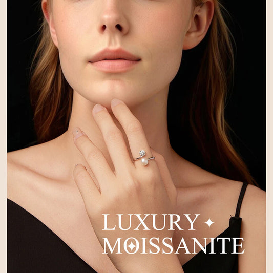 Adjustable moissanite and pearl ring in white-gold plated sterling silver