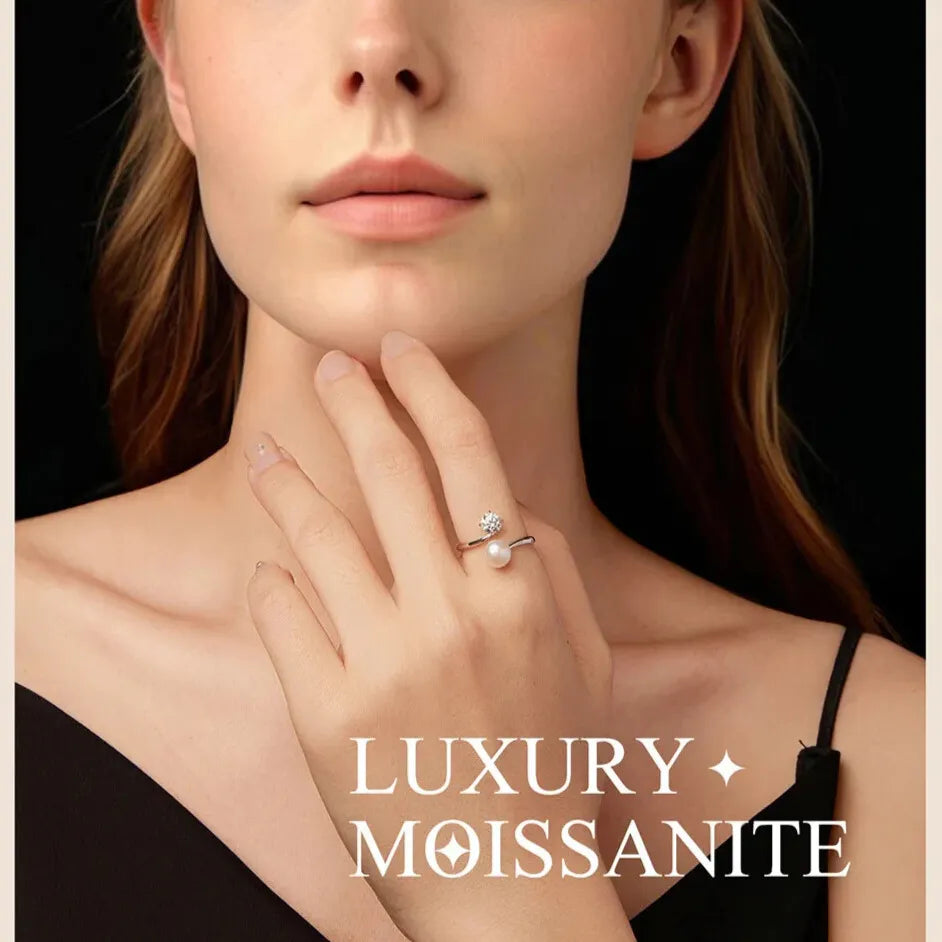 minimalist open ring for women with pearl and moissanite stone