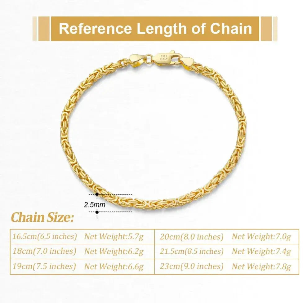 detailed shot of rounded byzantine links with gold plating and sizes