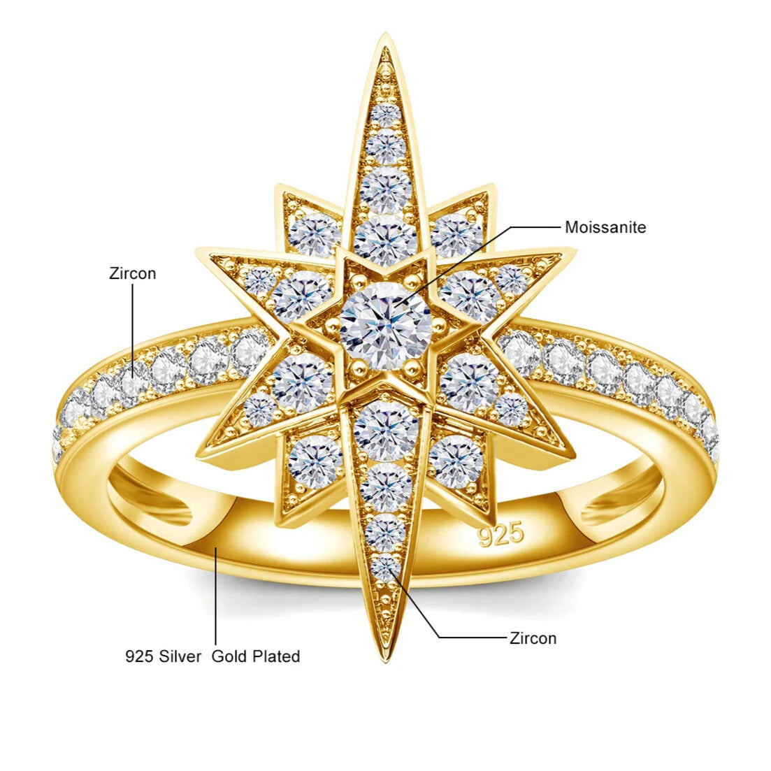 Gold finish star ring with sparkling moissanite