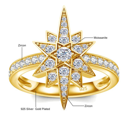 Gold finish star ring with sparkling moissanite