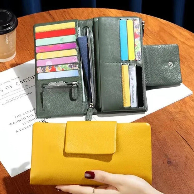 women’s genuine cowhide long purse with card slots and coin pocket