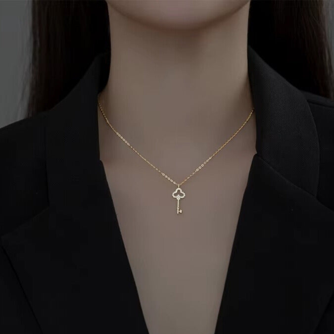 dainty collarbone chain necklace with clover key pendant gold plated