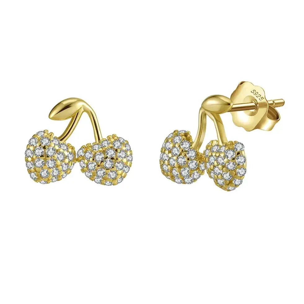 gold plated cherry stud earrings close-up