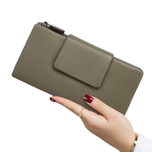 women’s genuine olive green cowhide long purse with card slots and coin pocket