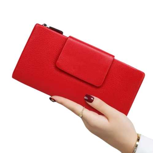 women’s genuine red cowhide long purse with card slots and coin pocket